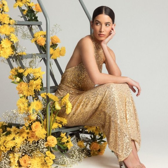 NWT MAC DUGGAL SZ 2 11281 SEQUIN HALTER NECK SOFT TIE DRESS CHAMPAGNE GOLD - Picture 5 of 9